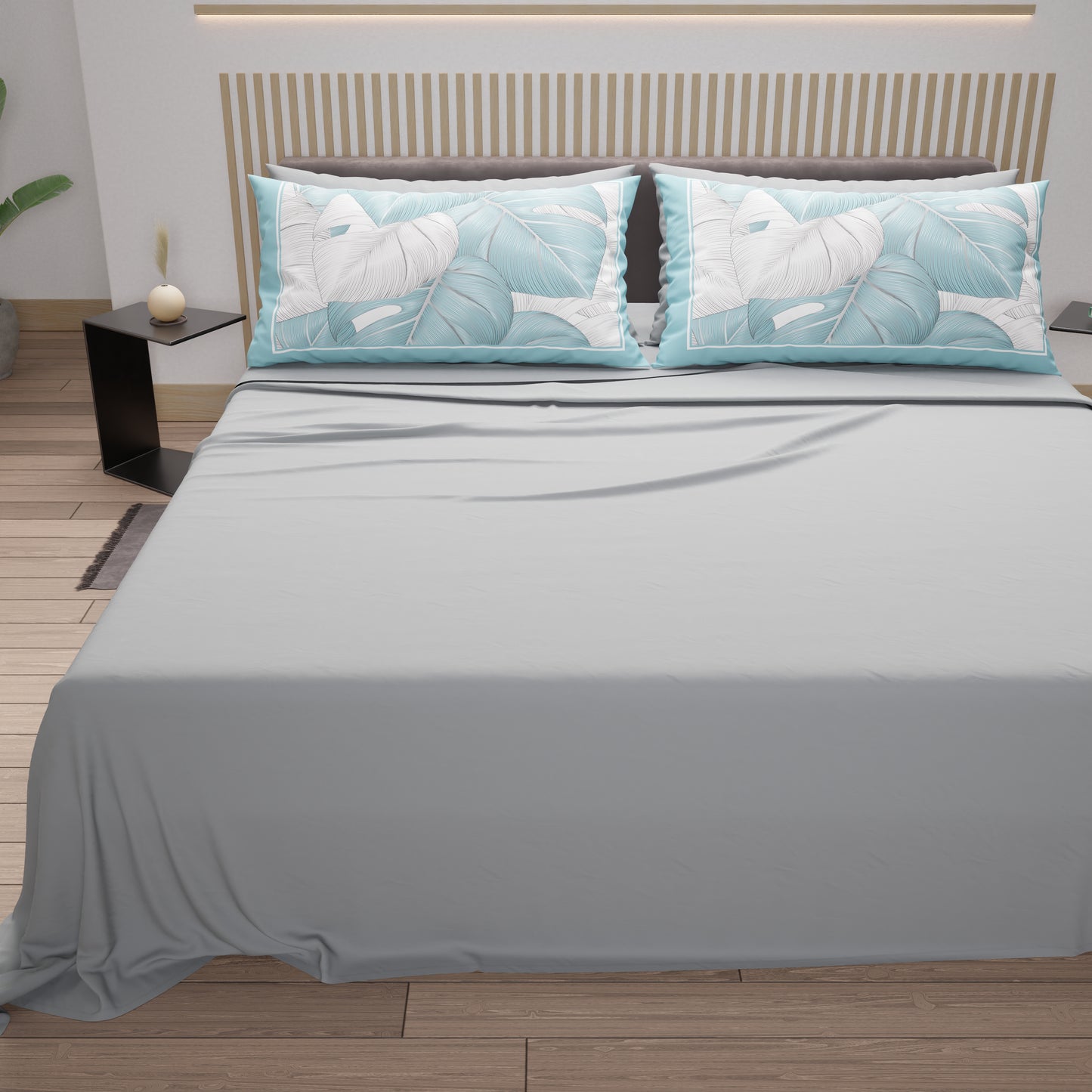 Draps en coton, parure de lit avec taies d'oreiller en impression numérique bleu clair-argent tropical