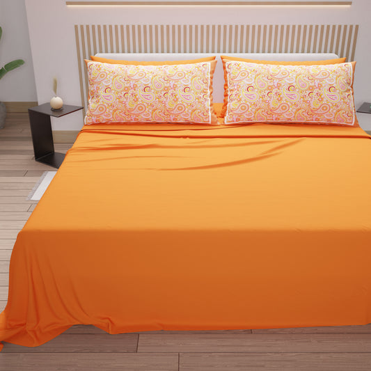 Draps en Coton, Parure de Lit avec Taies d'Oreiller en Impression Digitale Paisley Orange
