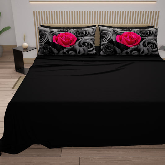 Lenzuola in Cotone, Completo Letto con Federe in Stampa Digitale Black Roses