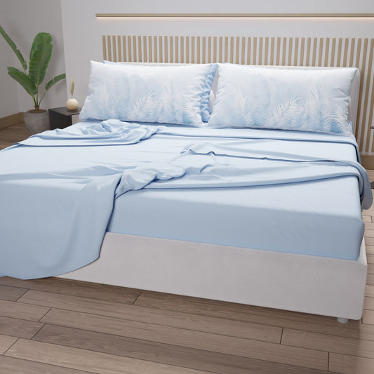 Lenzuola in Cotone, Completo Letto con Federe in Stampa Digitale Foglia Celeste
