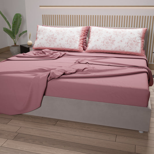 Draps en Coton, Parure de Lit avec Taies d'Oreiller en Impression Numérique Botanique Rose