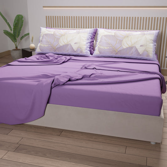 Lenzuola in Cotone, Completo Letto con Federe in Stampa Digitale Tropical Lilla-Oro