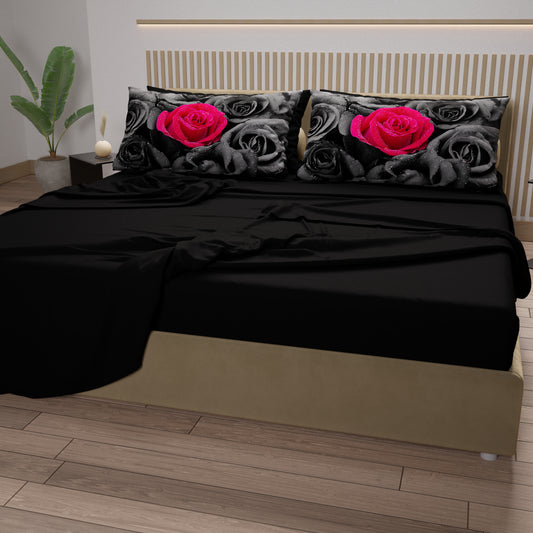 Lenzuola in Cotone, Completo Letto con Federe in Stampa Digitale Black Roses