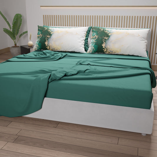 Lenzuola in Cotone, Completo Letto con Federe in Stampa Digitale Marble 09 Smeraldo