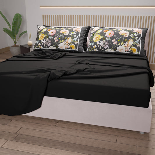 Draps en Coton, Parure de Lit avec Taies d'Oreiller en Impression Numérique Floral 06-Noir