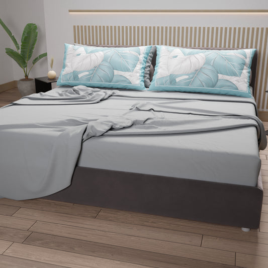 Draps en Coton, Parure de Lit avec Taies d'Oreiller en Impression Numérique Tropical Céleste-Argent