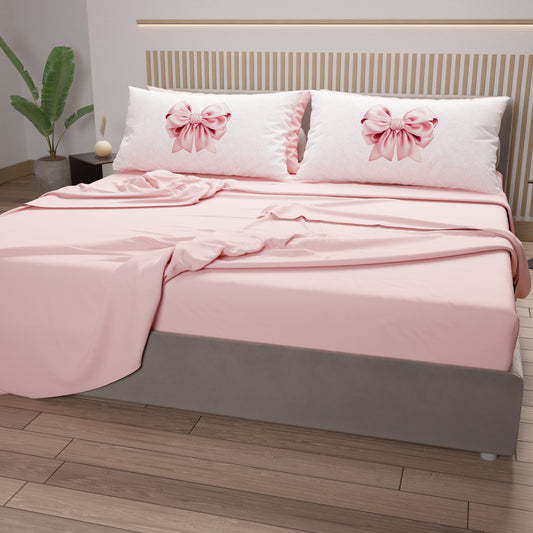 Lenzuola in Cotone, Completo Letto con Federe in Stampa Digitale Fiocco Rosa