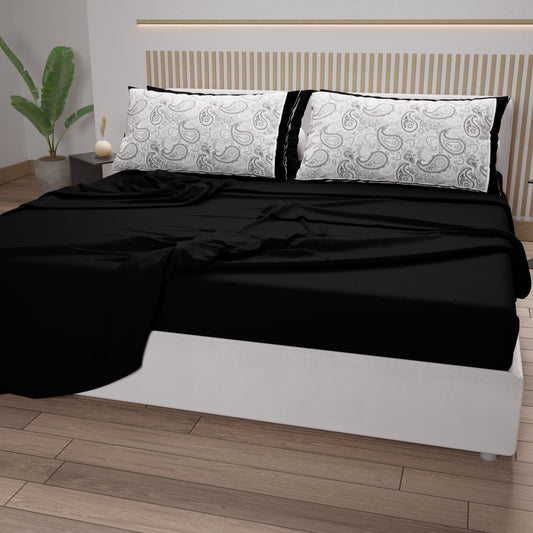Cotton Sheets, Bed Set with Black Paisley Digital Print Pillowcases