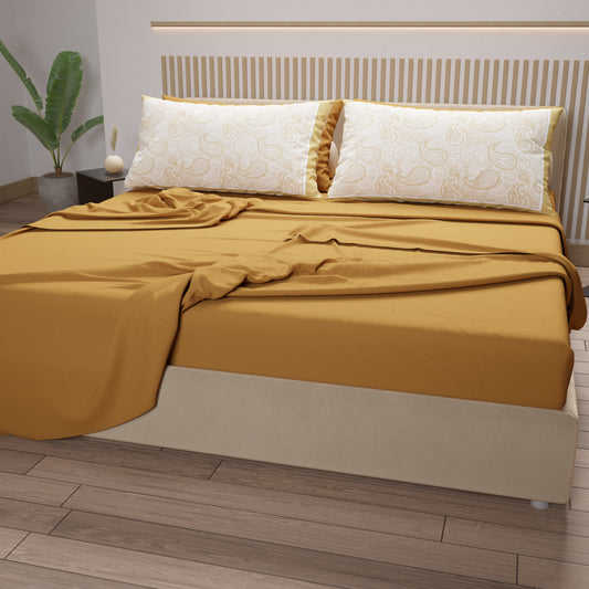 Draps en Coton, Parure de Lit avec Taies d'Oreiller en Impression Digitale Paisley Beige