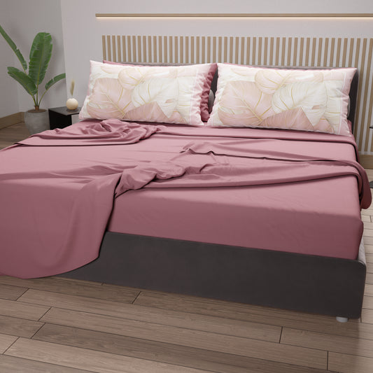 Lenzuola in Cotone, Completo Letto con Federe in Stampa Digitale Tropical Cipria-Oro