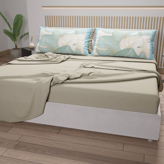 Lenzuola in Cotone, Completo Letto con Federe in Stampa Digitale Tropical Celeste-Oro