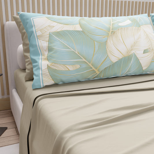 Lenzuola in Cotone, Completo Letto con Federe in Stampa Digitale Tropical Celeste-Oro