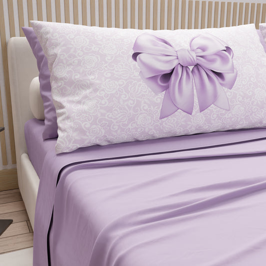 Lenzuola in Cotone, Completo Letto con Federe in Stampa Digitale Fiocco Lilla