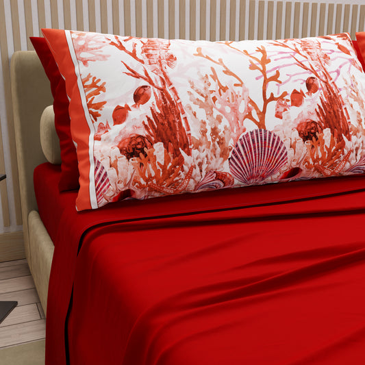 Lenzuola in Cotone, Completo Letto con Federe in Stampa Digitale Corallo Rosso