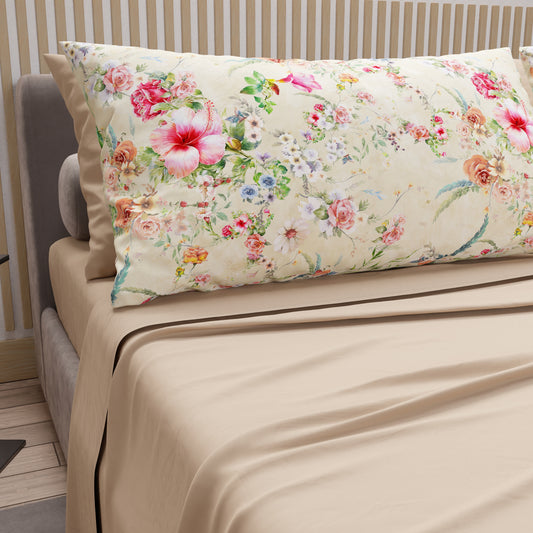 Draps en Coton, Parure de Lit avec Taies d'Oreiller en Impression Digitale Printemps Tortora