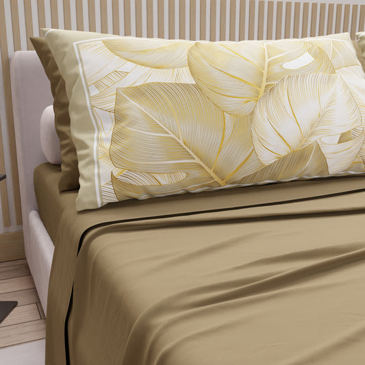 Lenzuola in Cotone, Completo Letto con Federe in Stampa Digitale Tropical Tortora-Oro