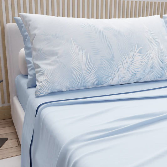 Lenzuola in Cotone, Completo Letto con Federe in Stampa Digitale Foglia Celeste