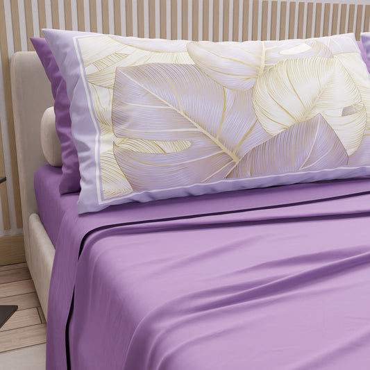 Lenzuola in Cotone, Completo Letto con Federe in Stampa Digitale Tropical Lilla-Oro