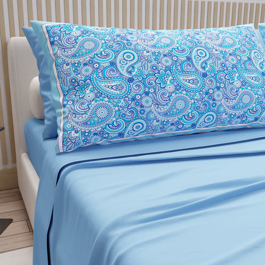 Draps en Coton, Parure de Lit avec Taies d'Oreiller en Impression Digitale Paisley Bleu Clair