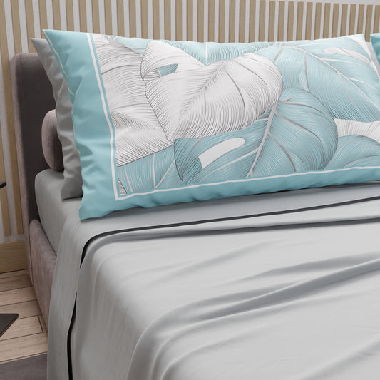 Draps en Coton, Parure de Lit avec Taies d'Oreiller en Impression Numérique Tropical Céleste-Argent
