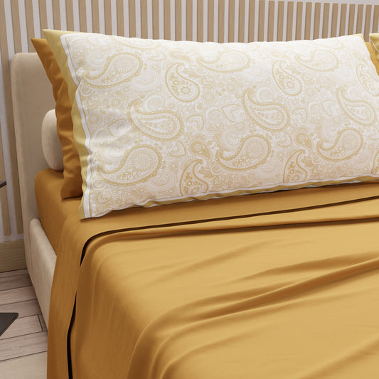 Draps en Coton, Parure de Lit avec Taies d'Oreiller en Impression Digitale Paisley Beige