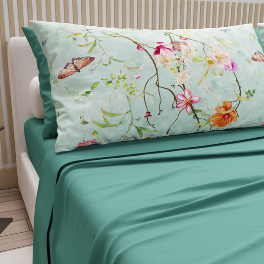 Lenzuola in Cotone, Completo Letto con Federe in Stampa Digitale Spring Acquamarina
