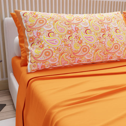 Draps en Coton, Parure de Lit avec Taies d'Oreiller en Impression Digitale Paisley Orange