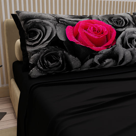 Lenzuola in Cotone, Completo Letto con Federe in Stampa Digitale Black Roses