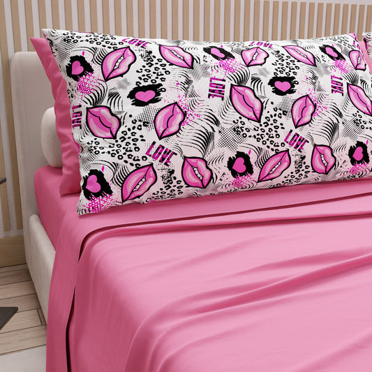 Lenzuola in Cotone, Completo Letto con Federe in Stampa Digitale Lipstick Bianco