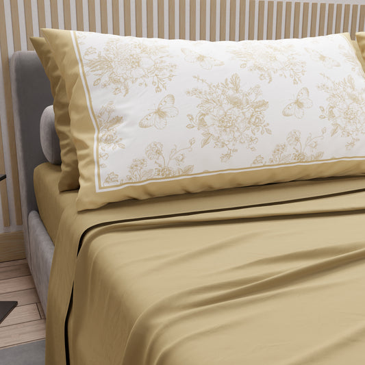 Draps en Coton, Parure de Lit avec Taies d'Oreiller en Impression Numérique Botanique Taupe