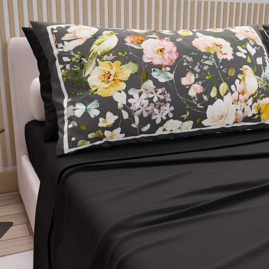 Draps en Coton, Parure de Lit avec Taies d'Oreiller en Impression Numérique Floral 06-Noir