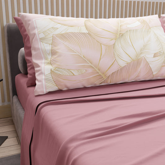 Lenzuola in Cotone, Completo Letto con Federe in Stampa Digitale Tropical Cipria-Oro