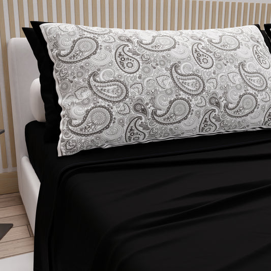 Cotton Sheets, Bed Set with Black Paisley Digital Print Pillowcases