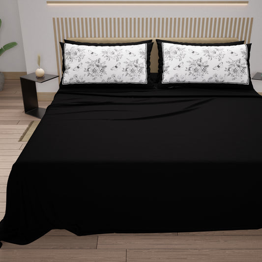 Draps en Coton, Parure de Lit avec Taies d'Oreiller en Impression Digitale Botanique Noire