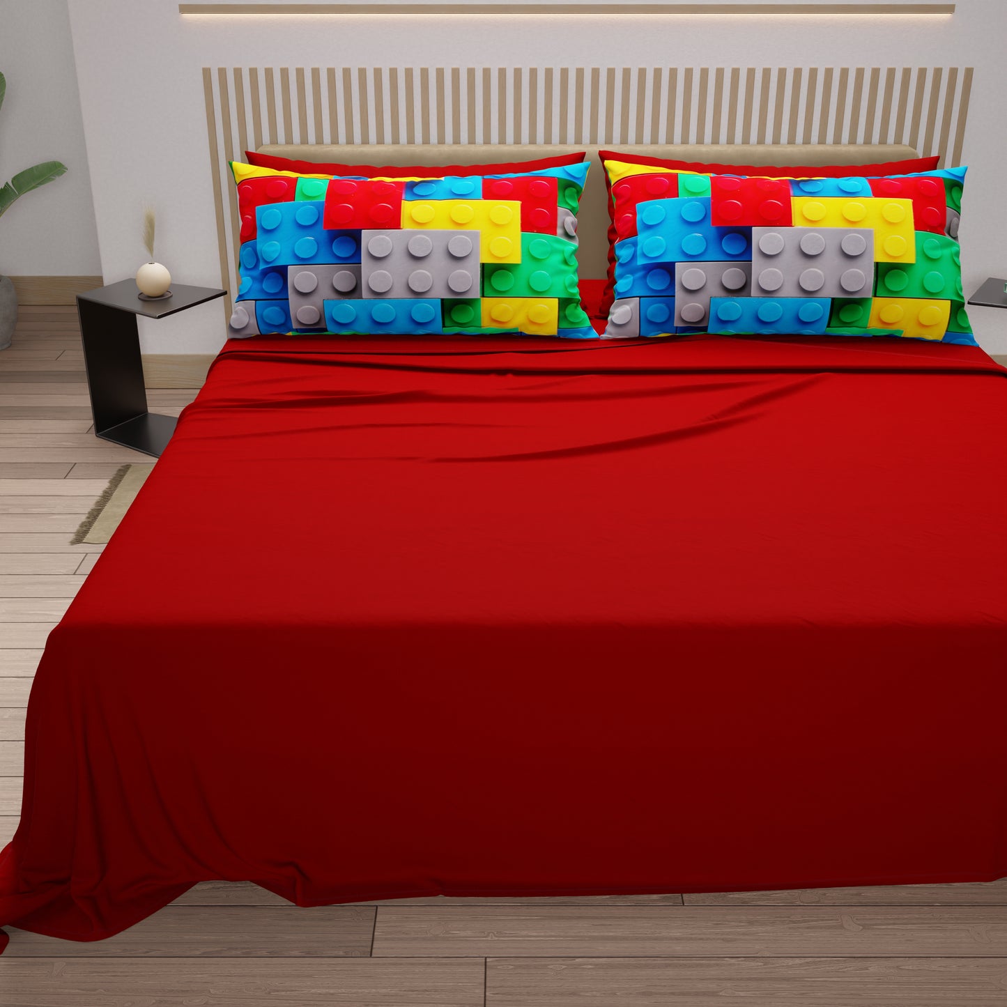 Cotton Sheets, Bed Set with Brick Digital Print Pillowcases