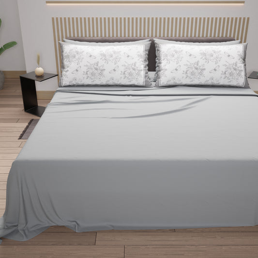 Draps en Coton, Parure de Lit avec Taies d'Oreiller en Impression Digitale Botanique Grise