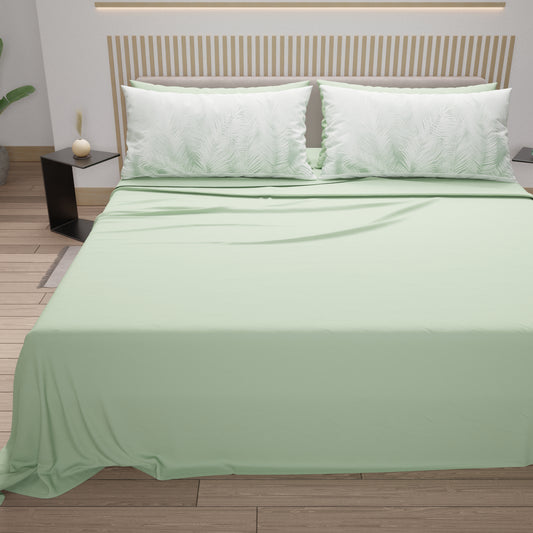 Lenzuola in Cotone, Completo Letto con Federe in Stampa Digitale Foglia Salvia