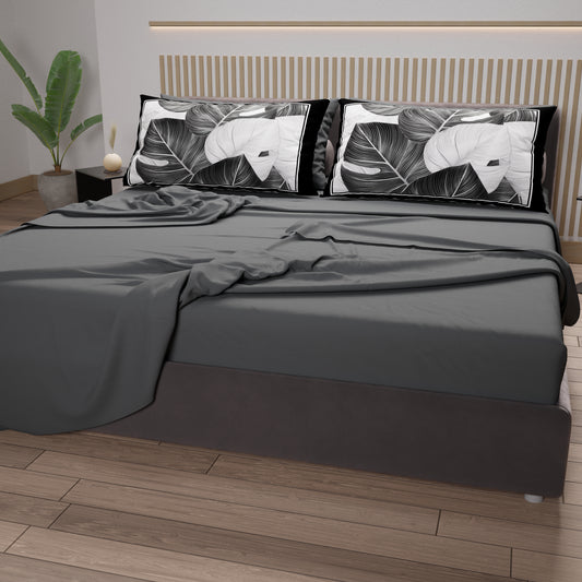 Lenzuola in Cotone, Completo Letto con Federe in Stampa Digitale Tropical Nero-Argento