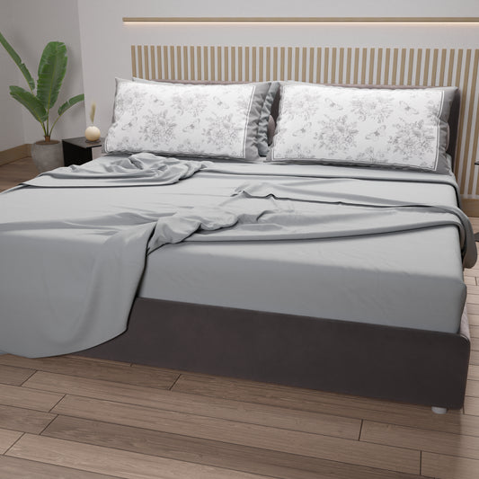Draps en Coton, Parure de Lit avec Taies d'Oreiller en Impression Digitale Botanique Grise