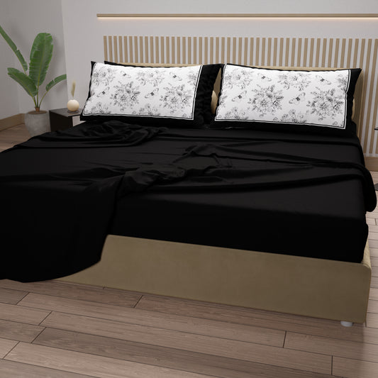 Draps en Coton, Parure de Lit avec Taies d'Oreiller en Impression Digitale Botanique Noire