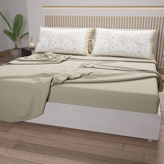 Draps en Coton, Parure de Lit avec Taies d'Oreiller en Impression Numérique World Blanc