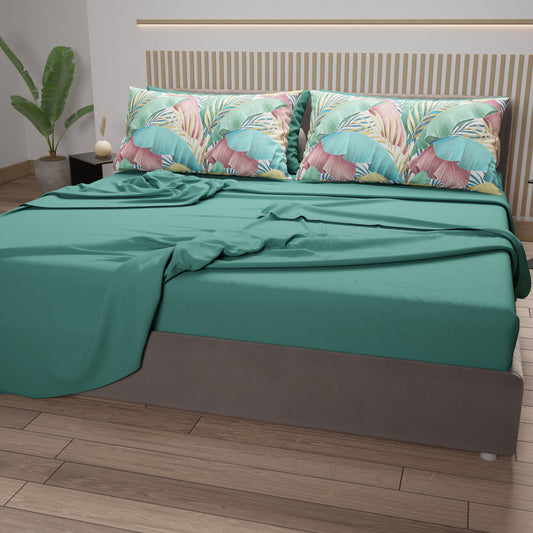 Lenzuola in Cotone, Completo Letto con Federe in Stampa Digitale Tropical Multicolor
