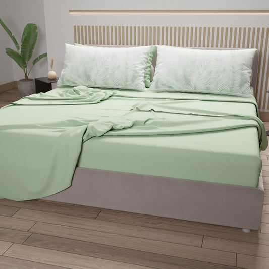 Lenzuola in Cotone, Completo Letto con Federe in Stampa Digitale Foglia Salvia