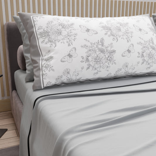 Draps en Coton, Parure de Lit avec Taies d'Oreiller en Impression Digitale Botanique Grise
