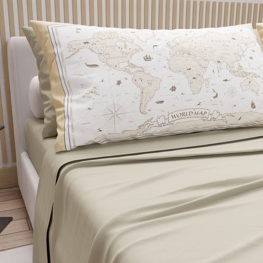 Draps en Coton, Parure de Lit avec Taies d'Oreiller en Impression Numérique World Blanc