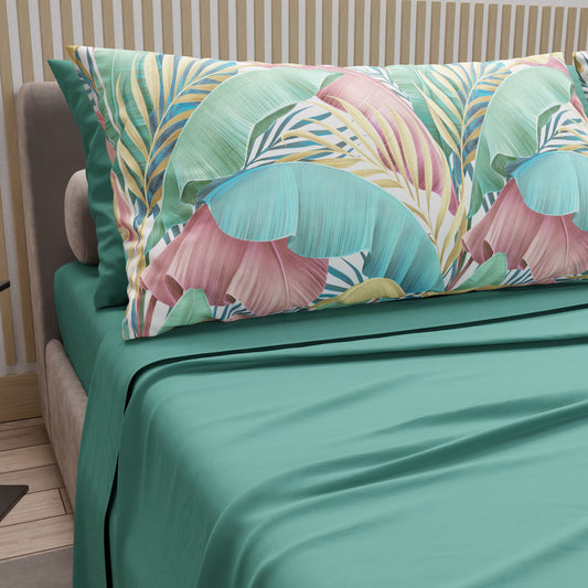 Lenzuola in Cotone, Completo Letto con Federe in Stampa Digitale Tropical Multicolor