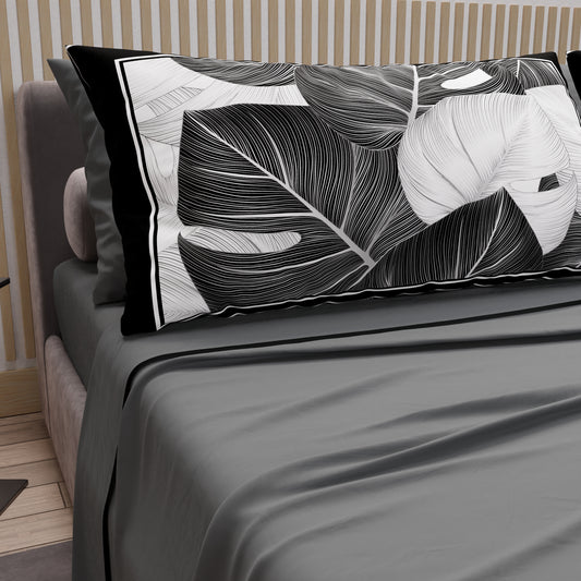 Lenzuola in Cotone, Completo Letto con Federe in Stampa Digitale Tropical Nero-Argento