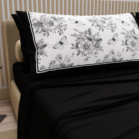 Draps en Coton, Parure de Lit avec Taies d'Oreiller en Impression Digitale Botanique Noire