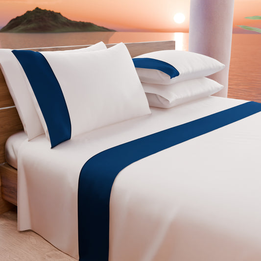 Draps unis en satin de coton avec queue de rat bleu