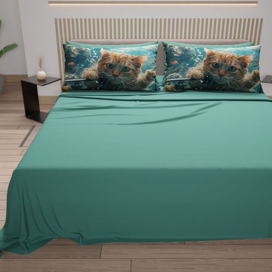 Draps Animaux en Coton, Parure de Lit avec Taies d'Oreiller en Impression Digitale Chats 03